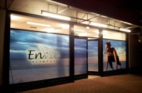 Envie printed window graphic at night