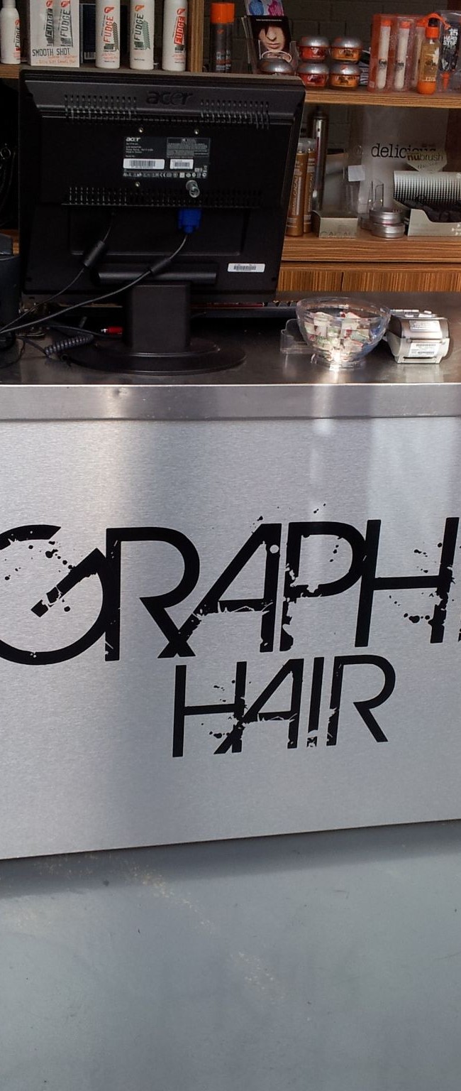 J Graphic Hair Brushed Aluminium Reception Sign with Vinyl